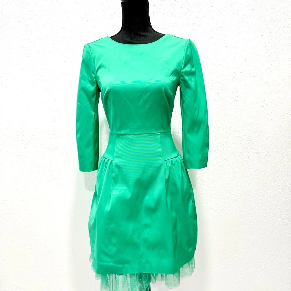 J. Crew 50 60s satin Green‎ bubble skirt 3/4 Sleeve Dress 2